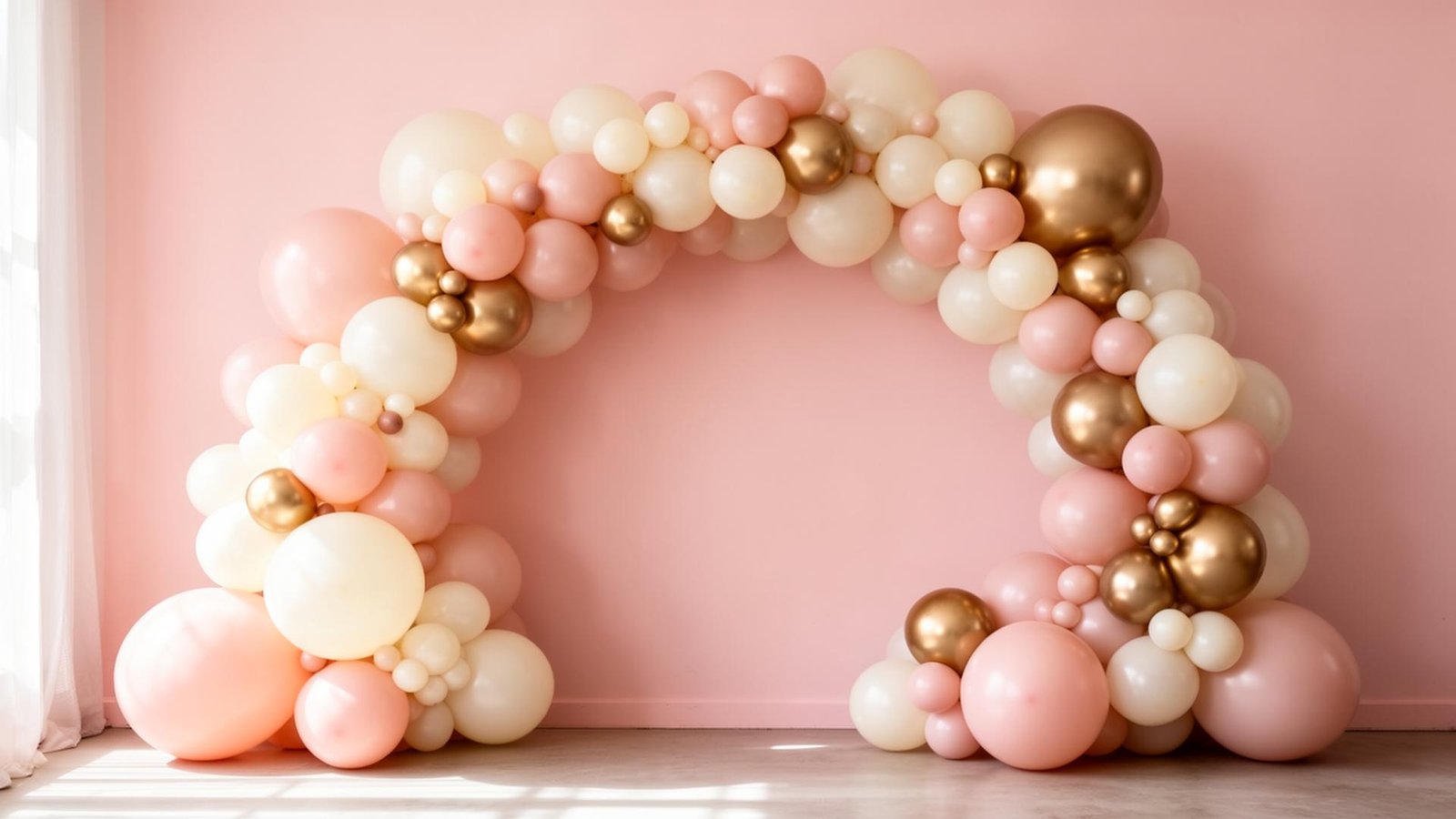 Arco orgânico de balões em tons pastel e dourado