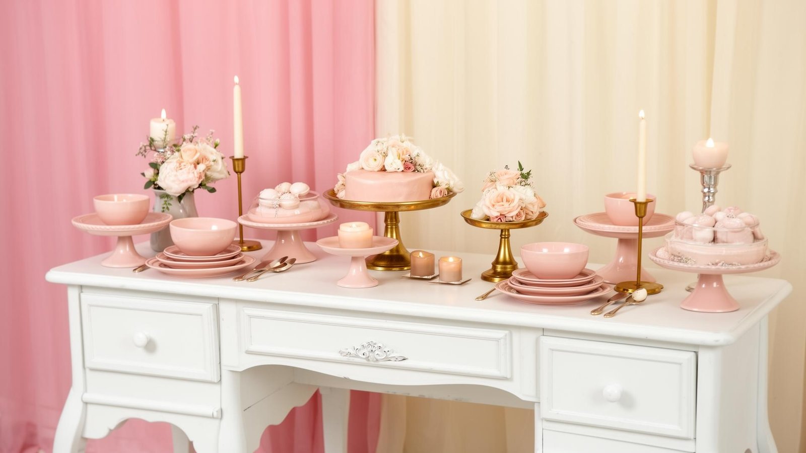 Mesa de doces com louças rosa e dourado