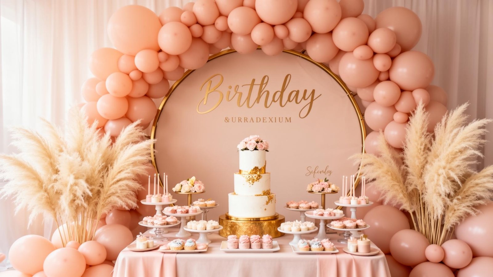 Decoração de aniversário com arco e pampas